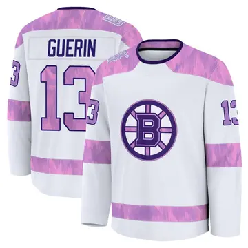 Men's Bill Guerin Boston Bruins ＃13 Premium White 2024 Hockey Fights Cancer Practice Jersey