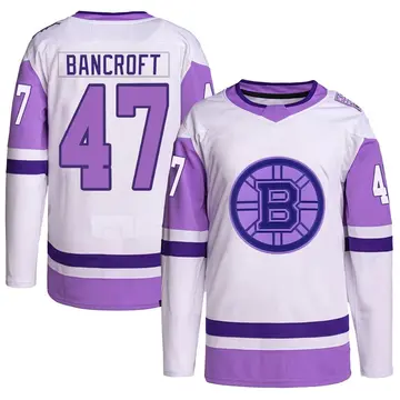Men's Dalton Bancroft Boston Bruins ＃47 Authentic White/Purple Hockey Fights Cancer Primegreen Jersey
