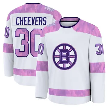 Men's Gerry Cheevers Boston Bruins ＃30 Premium White 2024 Hockey Fights Cancer Practice Jersey