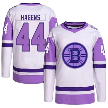 Men's James Hagens Boston Bruins ＃44 Authentic White/Purple Hockey Fights Cancer Primegreen Jersey
