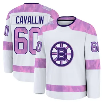 Men's Luke Cavallin Boston Bruins ＃60 Premium White 2024 Hockey Fights Cancer Practice Jersey