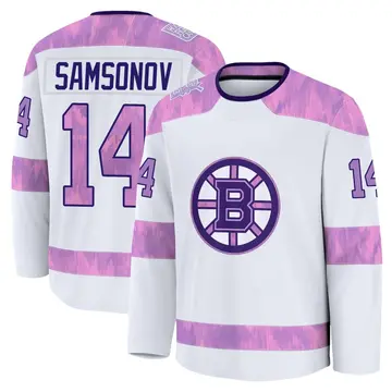 Men's Sergei Samsonov Boston Bruins ＃14 Premium White 2024 Hockey Fights Cancer Practice Jersey