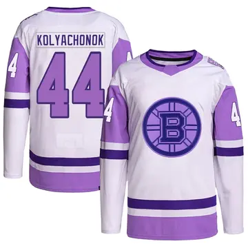 Men's Vladislav Kolyachonok Boston Bruins ＃44 Authentic White/Purple Hockey Fights Cancer Primegreen Jersey