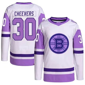 Youth Gerry Cheevers Boston Bruins ＃30 Authentic White/Purple Hockey Fights Cancer Primegreen Jersey