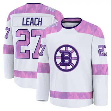 Youth Reggie Leach Boston Bruins ＃27 Premium White 2024 Hockey Fights Cancer Practice Jersey