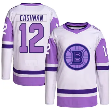 Youth Wayne Cashman Boston Bruins ＃12 Authentic White/Purple Hockey Fights Cancer Primegreen Jersey